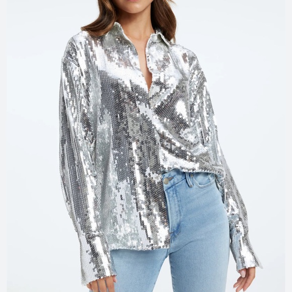 GOOD AMERICAN Sequin Collared Party Jacket Blouse Size 5 NWT Black $129 Sold Out - Picture 13 of 17